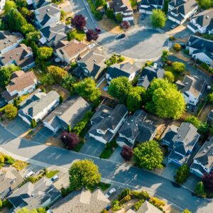 Suburban neighborhood in the Pacific Northwest. This neighborhood on the Sammamish Plateau in Issaquah is nestled among a natural fir forest.